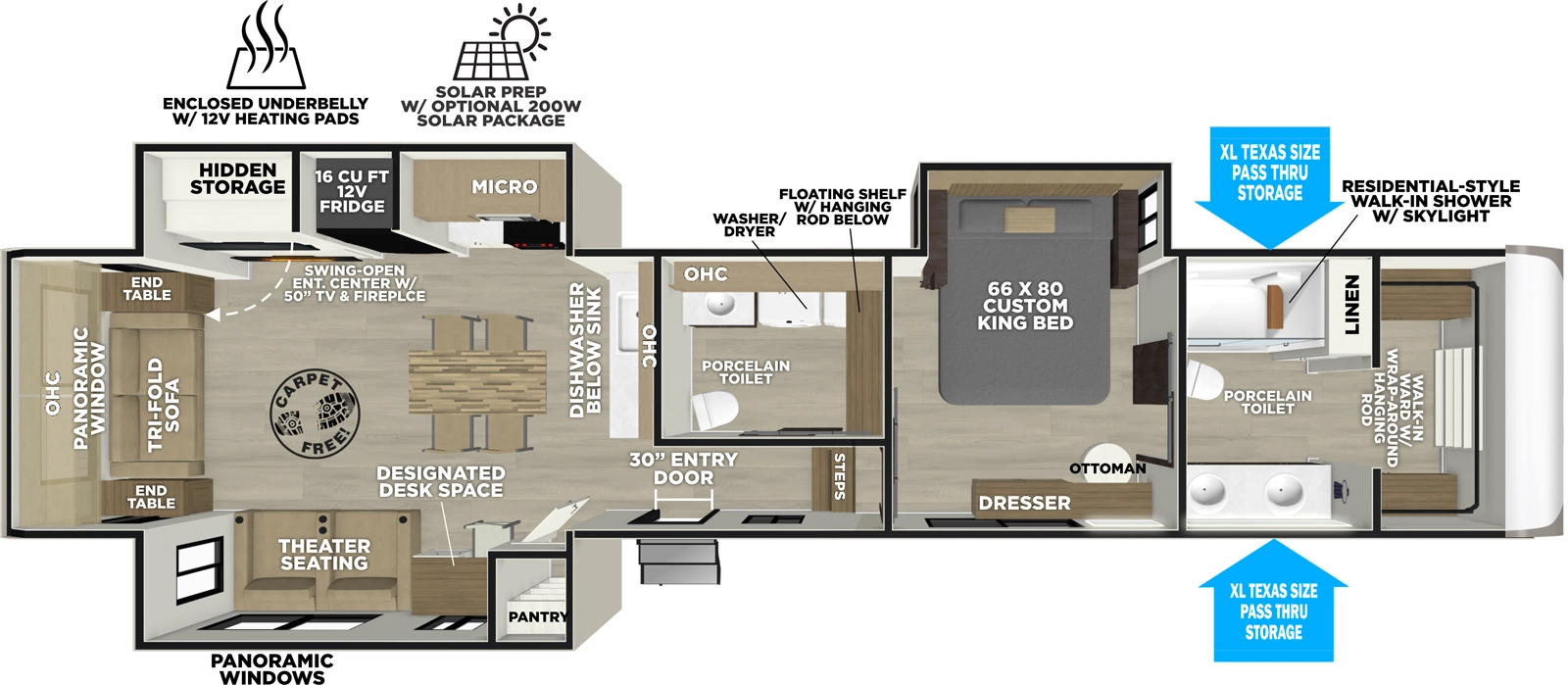 The Hemisphere Fifth Wheels 380WDR floorplan has one entry and three slide outs. Exterior features include: fiberglass exterior and 11'6" & 18' awning. Interiors features include: kitchen island, rear living and bathroom and a half.